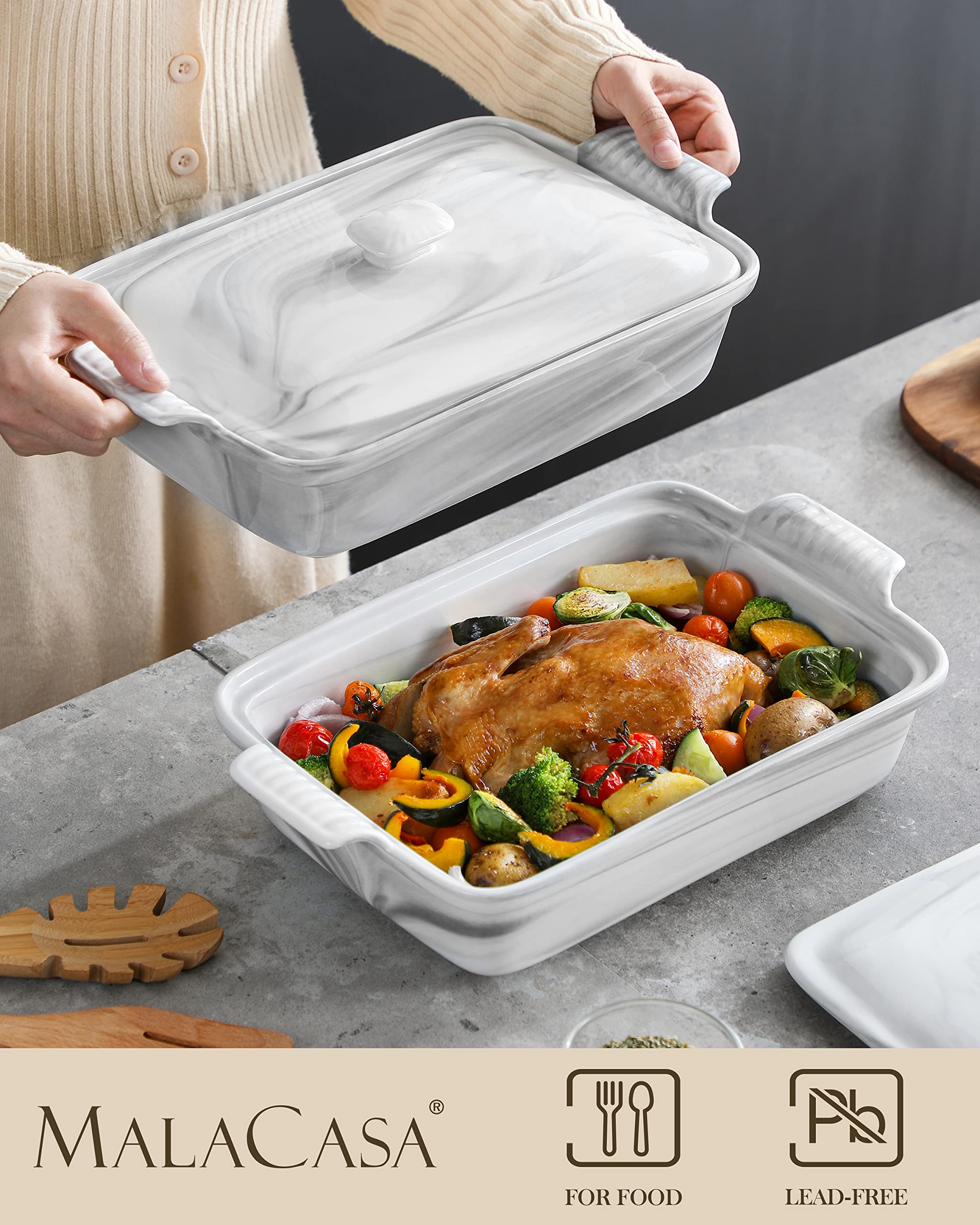 MALACASA casserole dish lid close-up highlighting secure seal for serving.