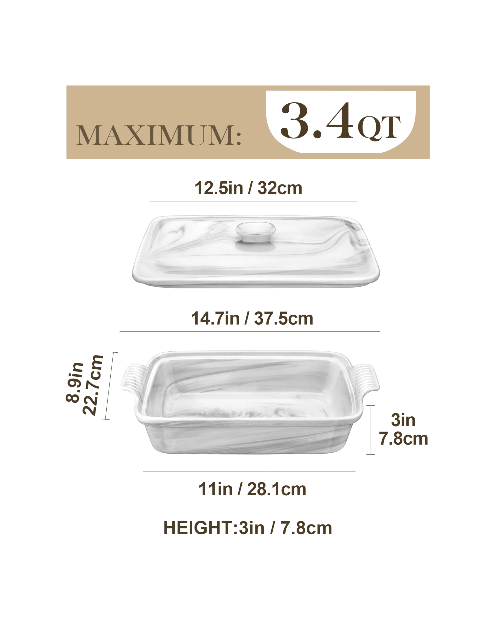 MALACASA casserole dish ready for oven and microwave use up to 428°F.