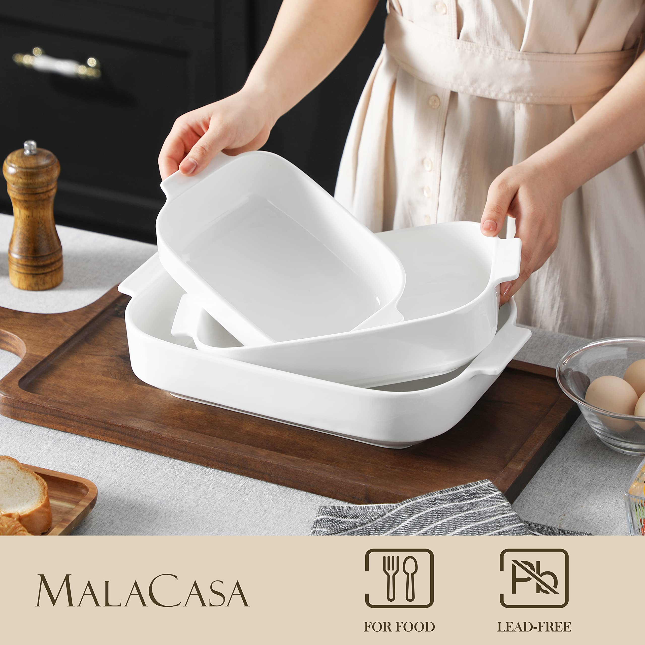 MALACASA Casserole Dishes with handles shown for safe lifting