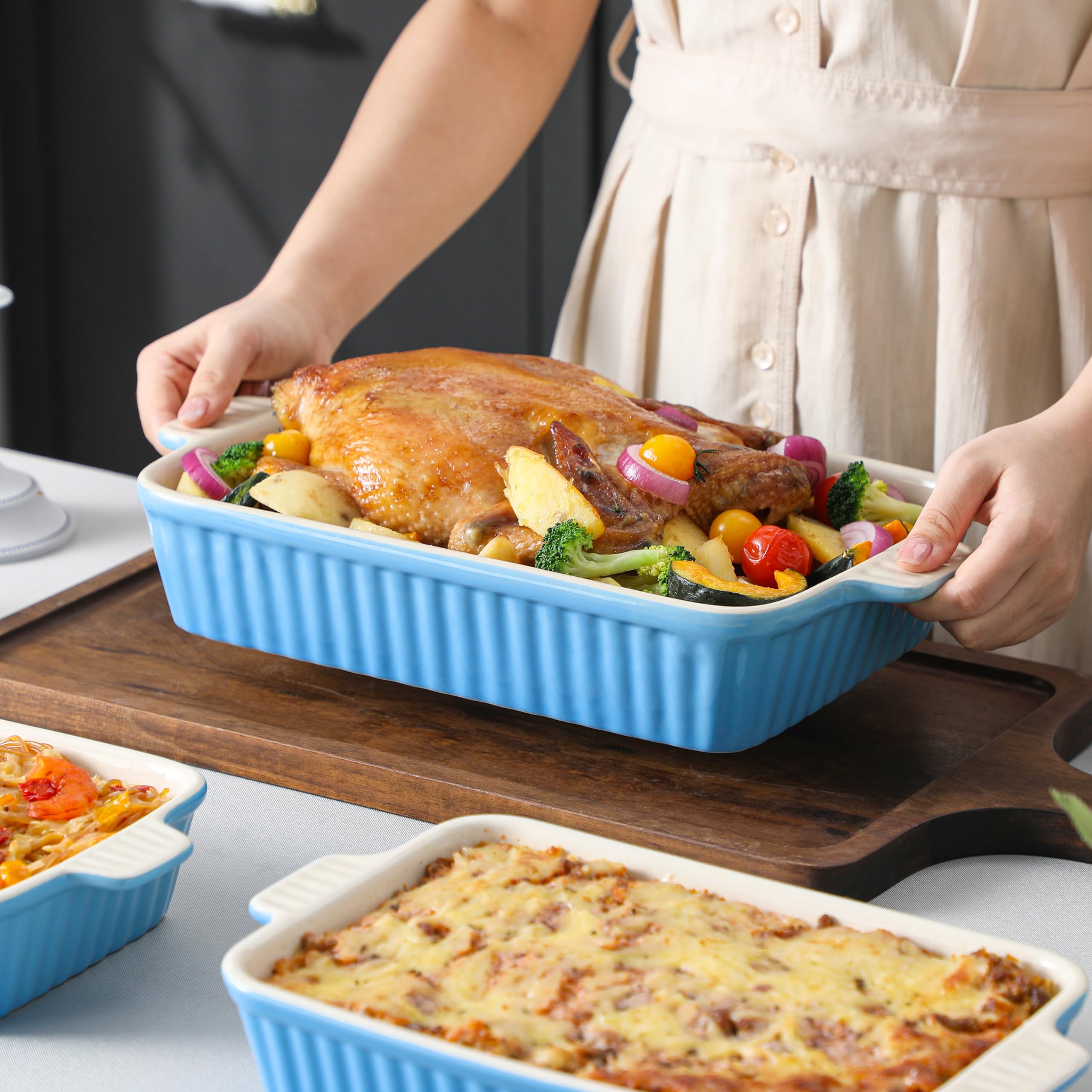 Malacasa blue front-view bakeware, stylish addition to kitchen shelves.