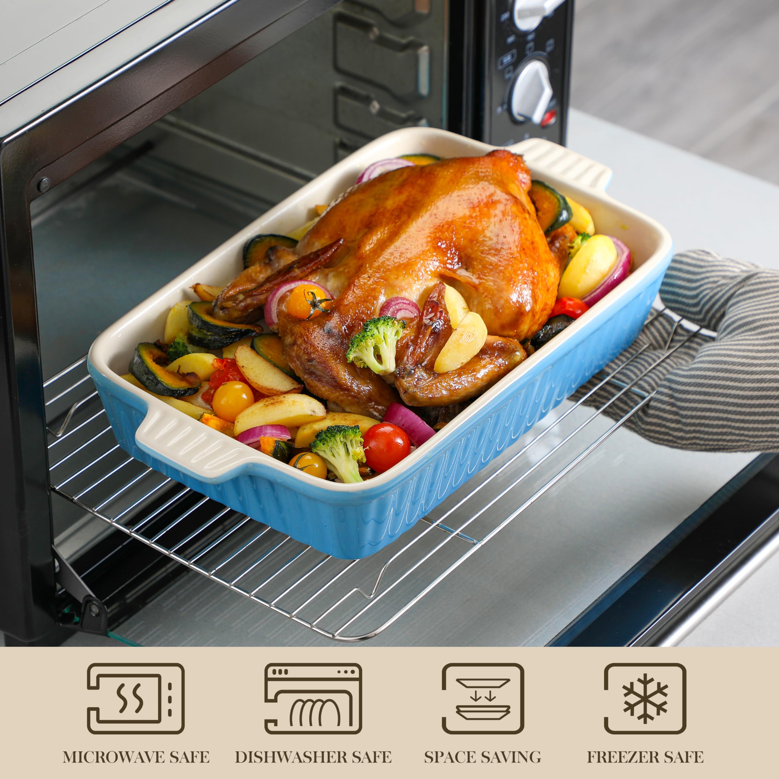 Malacasa blue-handled casserole dish, easy grip for oven-to-table serving.