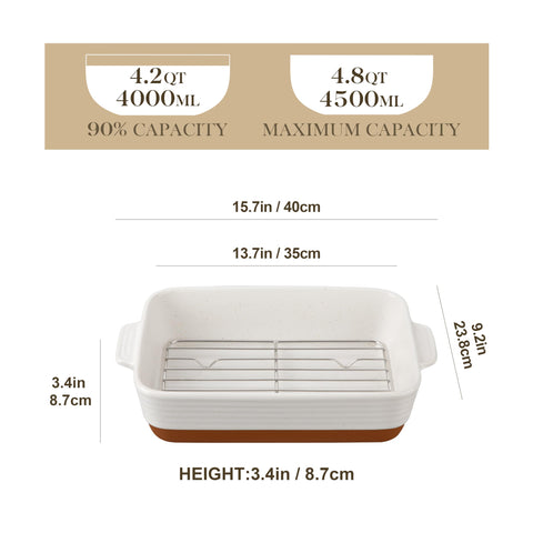Ceramic baking pan with deep design supports large roasts and layered lasagnas.