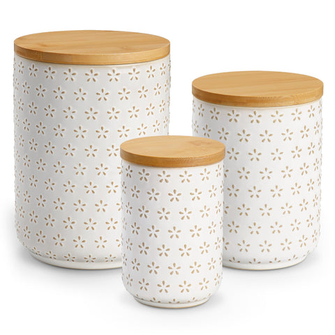 MALACASA 80oz ceramic canister in Arctic White with embossed finish for dry ingredients