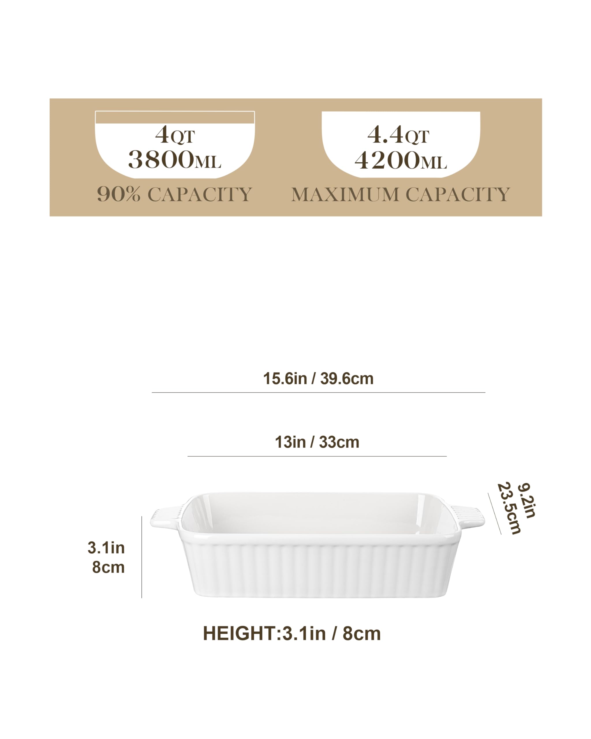 MALACASA ceramic rectangular lasagna pan for even baking and easy serving.