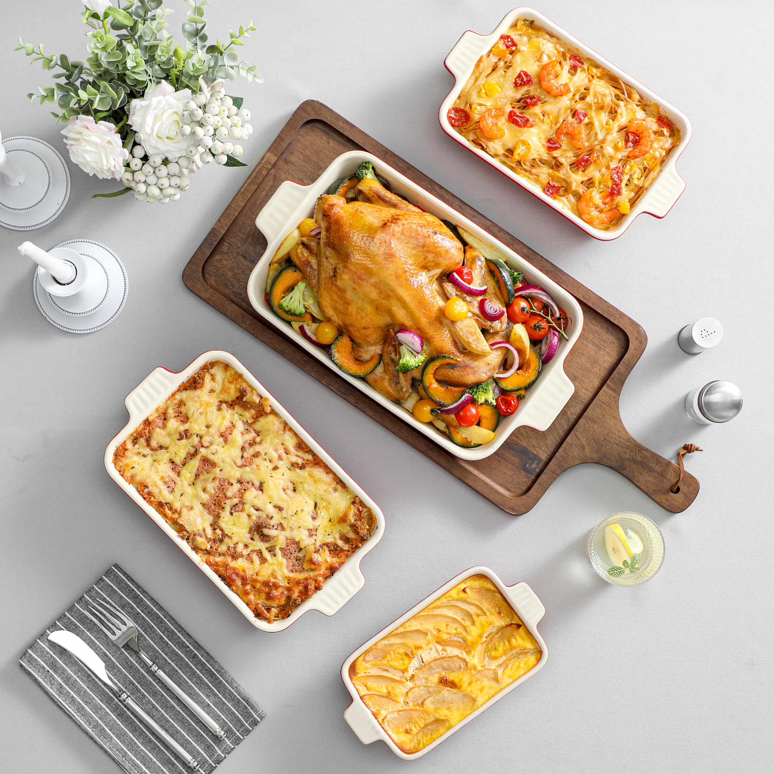 MALACASA red bakeware shown as dishwasher-safe and oven-safe
