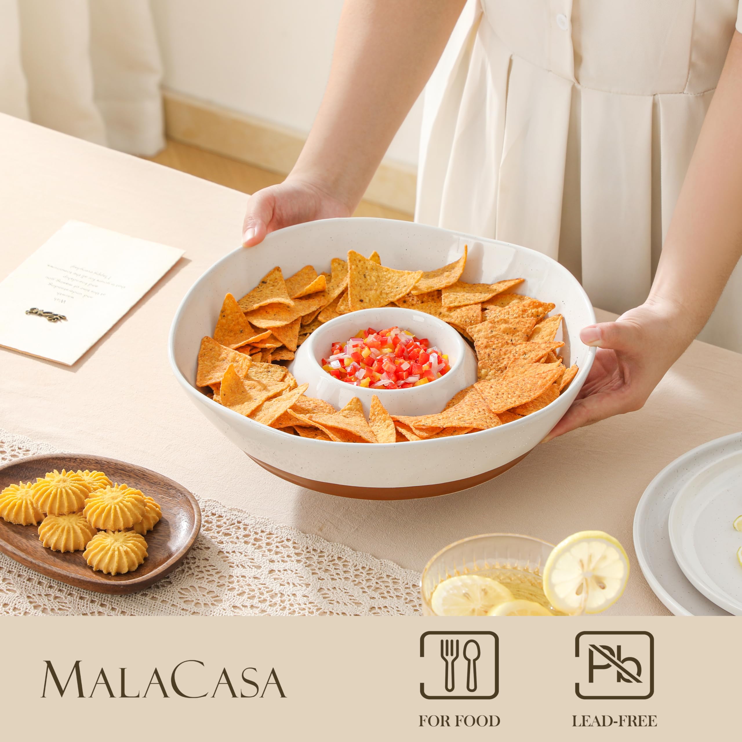 MALACASA divided-serving dish close-up showing separate dip and chips