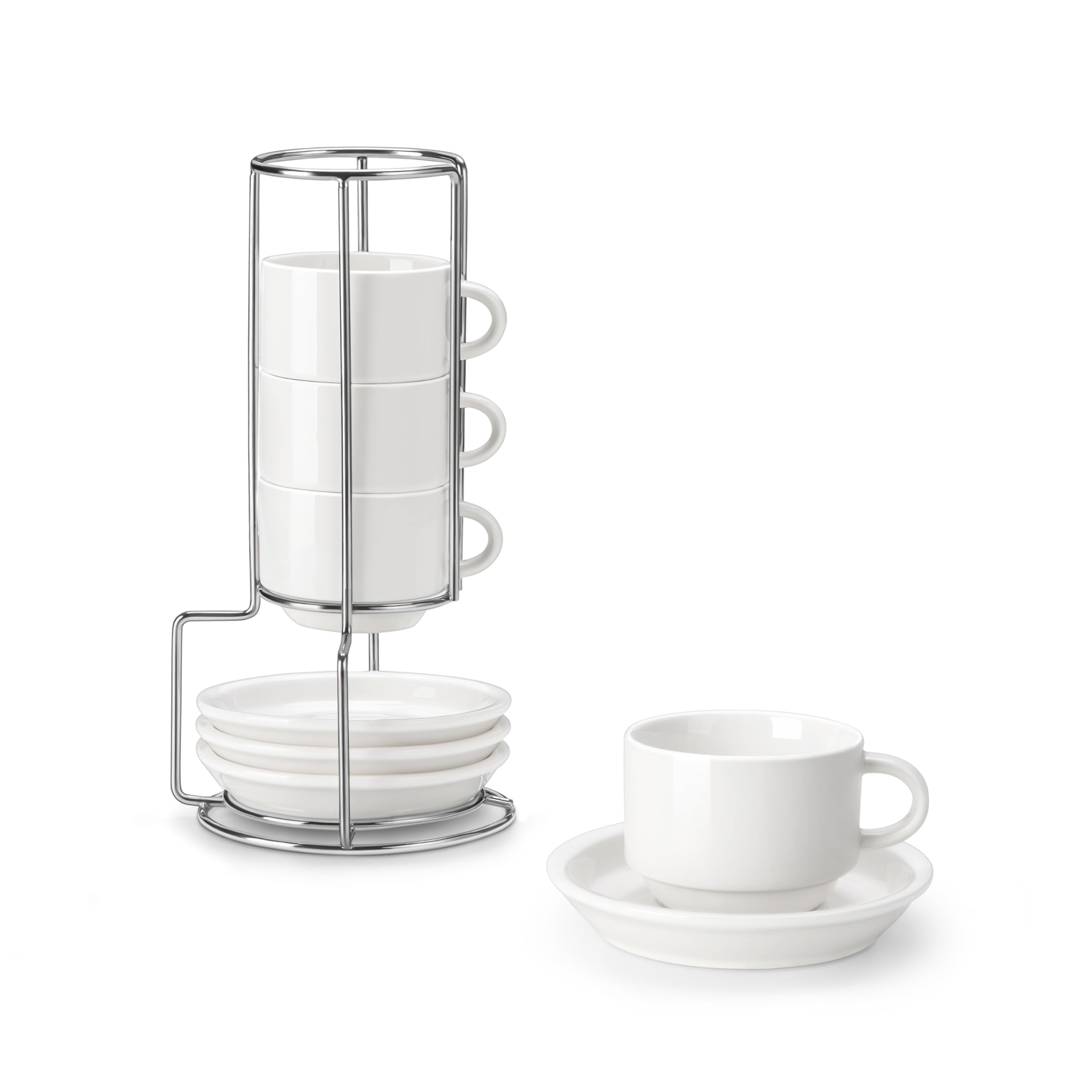 MALACASA espresso cups with saucers on a metal stand for elegant coffee service