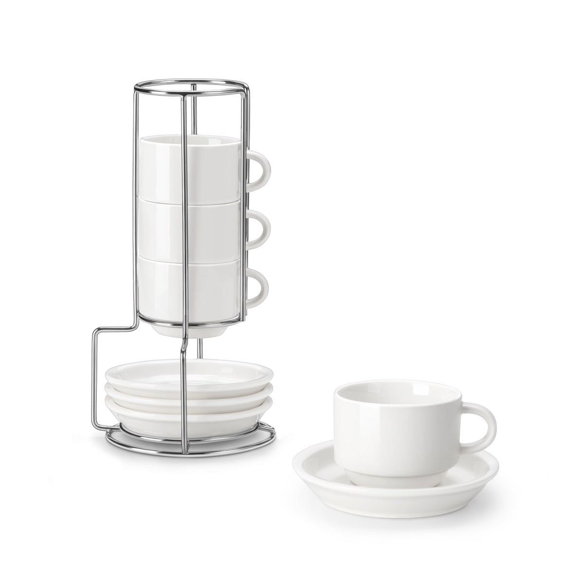 MALACASA espresso cups with saucers on a metal stand for elegant coffee service