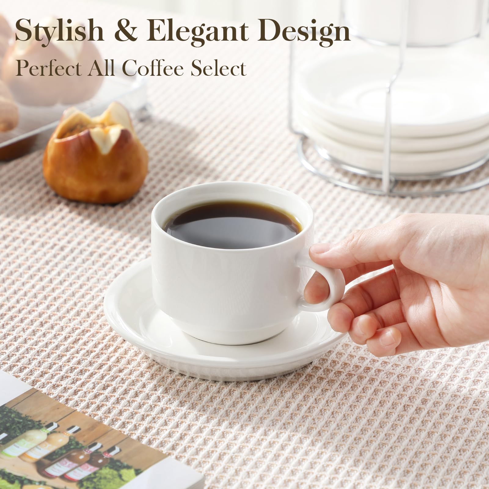 MALACASA 4-pack espresso cups with matching saucers in a compact box