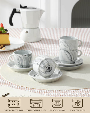 MALACASA espresso cups with saucers close-up emphasizing smooth glaze