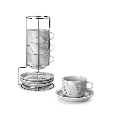 MALACASA espresso cups with saucers and metal stand ready for elegant serving