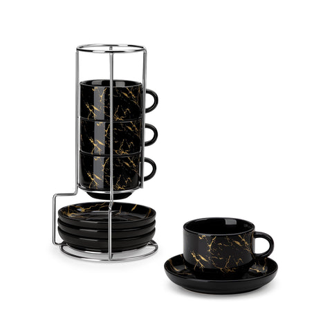 MALACASA espresso cups with saucers on a stand for tidy, elegant service.