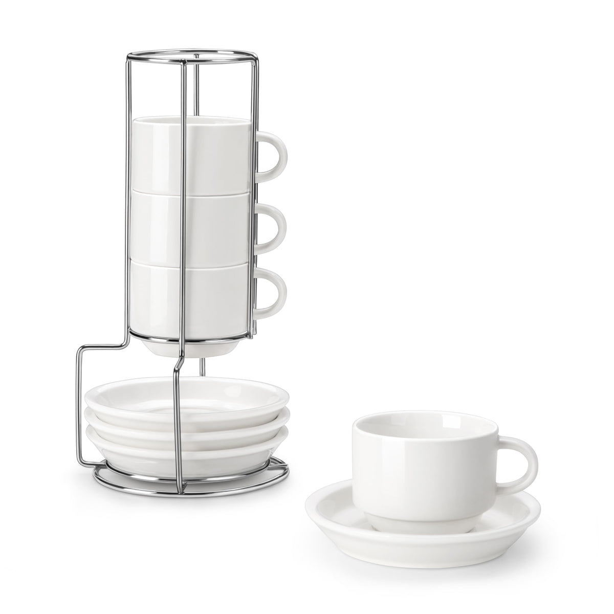 MALACASA espresso cups with saucers on a metal stand for stylish coffee service