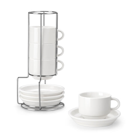 MALACASA espresso cups with saucers on a metal stand for stylish coffee service