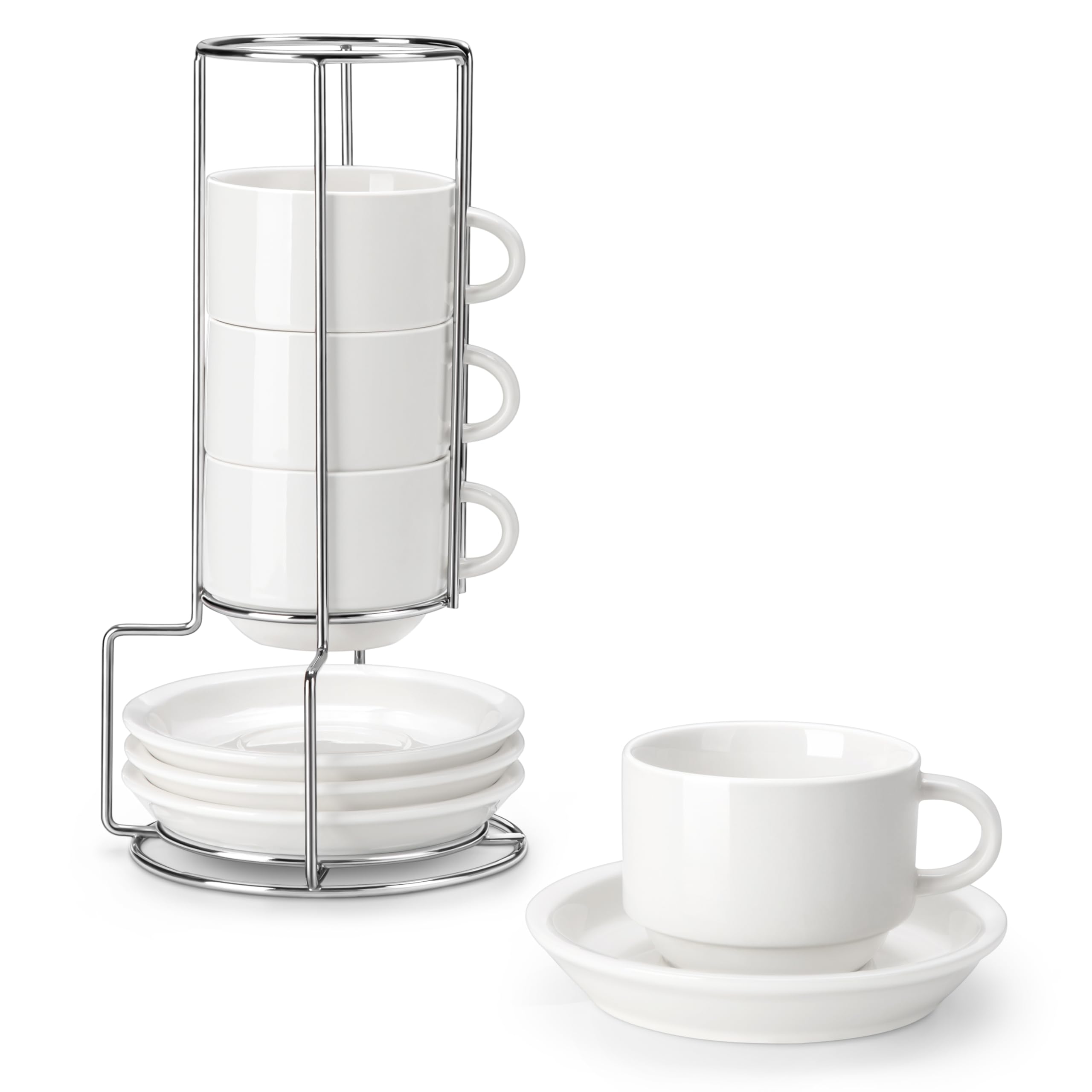 MALACASA espresso cups with saucers on a silver metal stand for elegant service