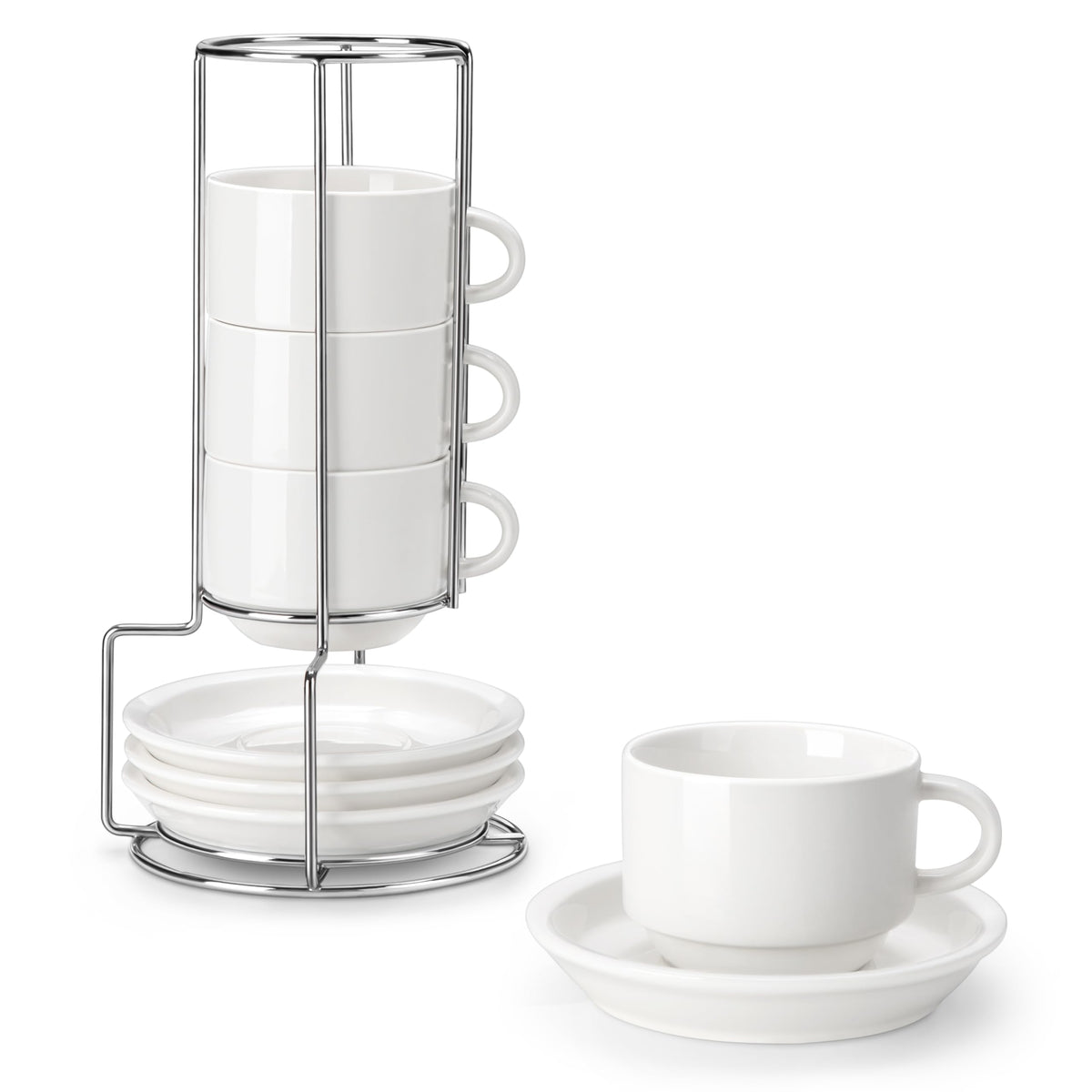 MALACASA espresso cups with saucers on a silver metal stand for elegant service