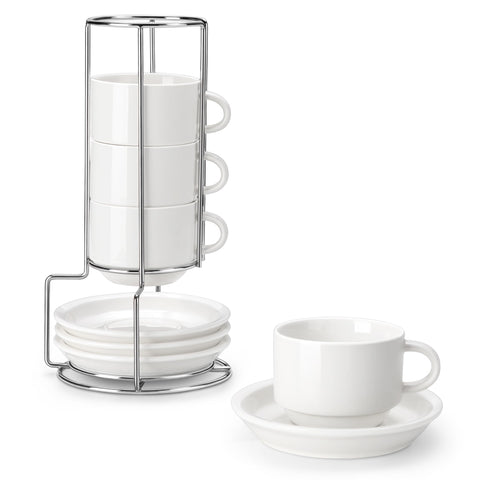 MALACASA espresso cups with saucers on a silver metal stand for elegant service