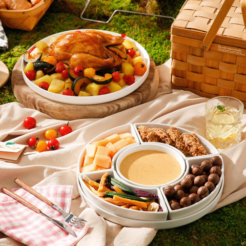 MALACASA fan-shaped dishes add versatile serving options.