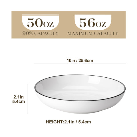 Ivory white bowls with black rim for elegant table contrast.