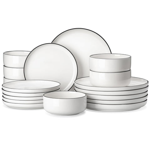 MALACASA LUNA 18-piece white dinner plates with black rim for everyday meals.