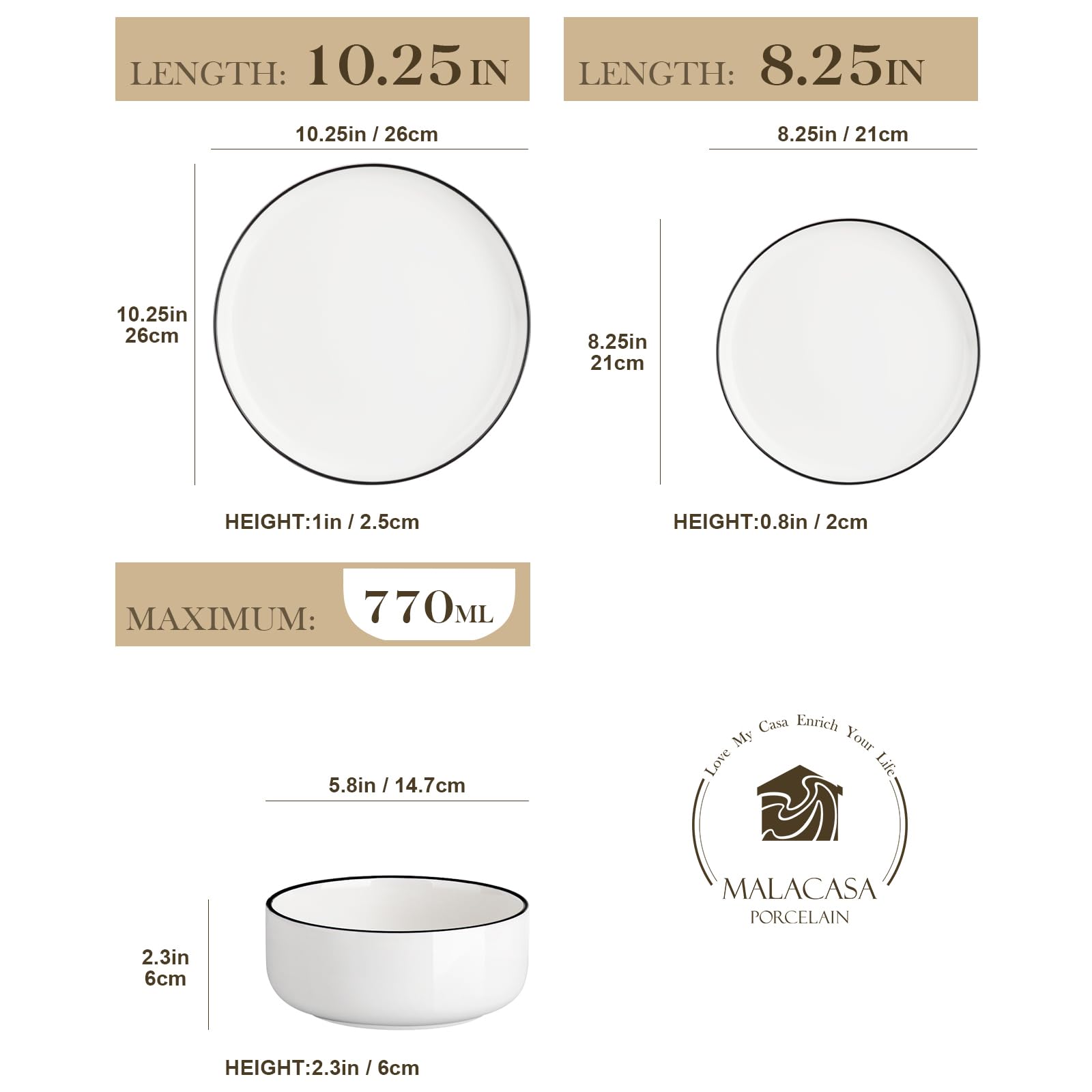 MALACASA LUNA white salad plates with black rim ideal for sides.