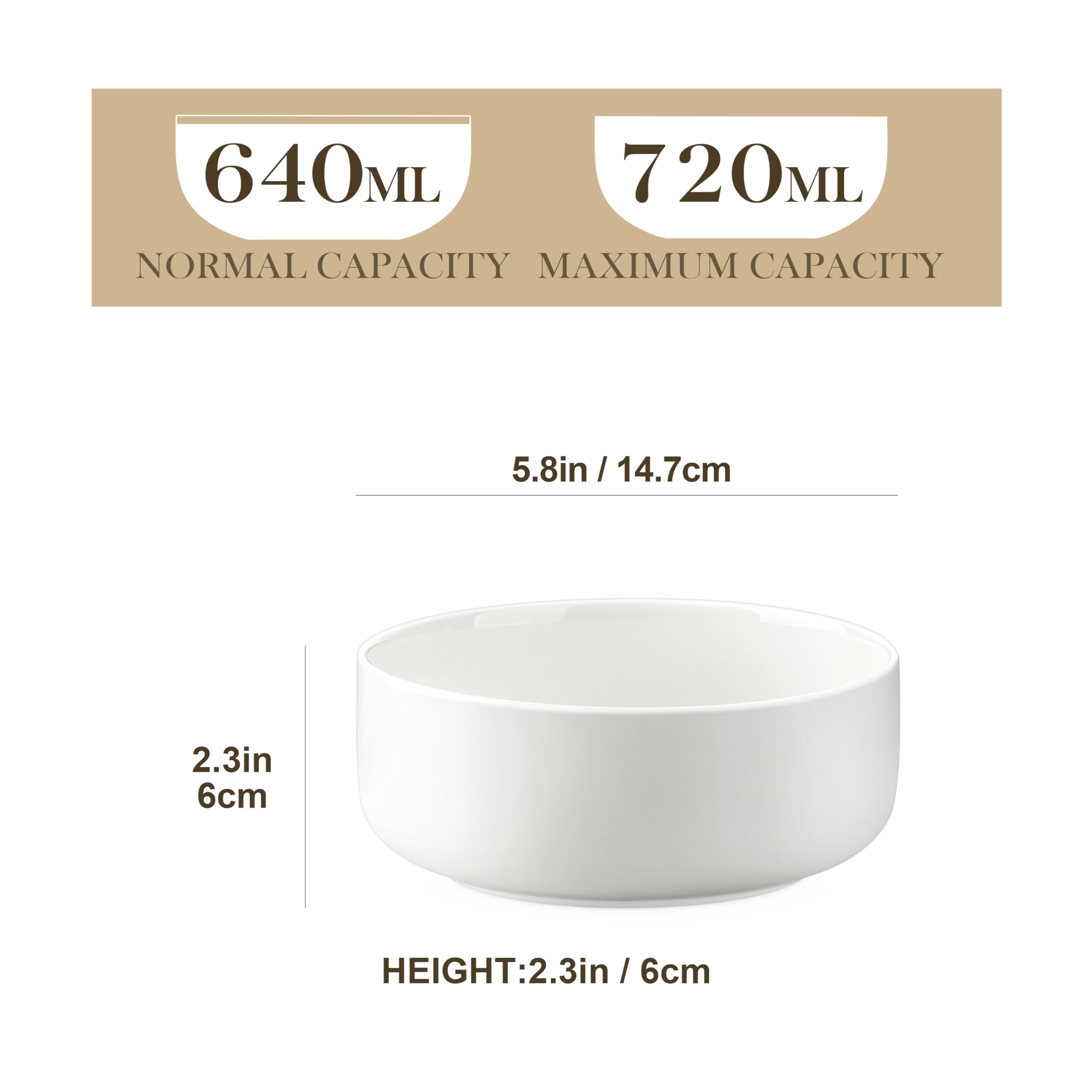 MALACASA LUNA 24 oz porcelain bowls in ivory, ideal for cereals and soups.