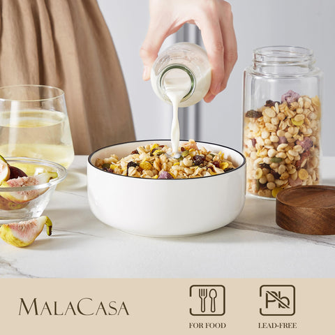 MALACASA LUNA bowls with black rim stacked for easy storage