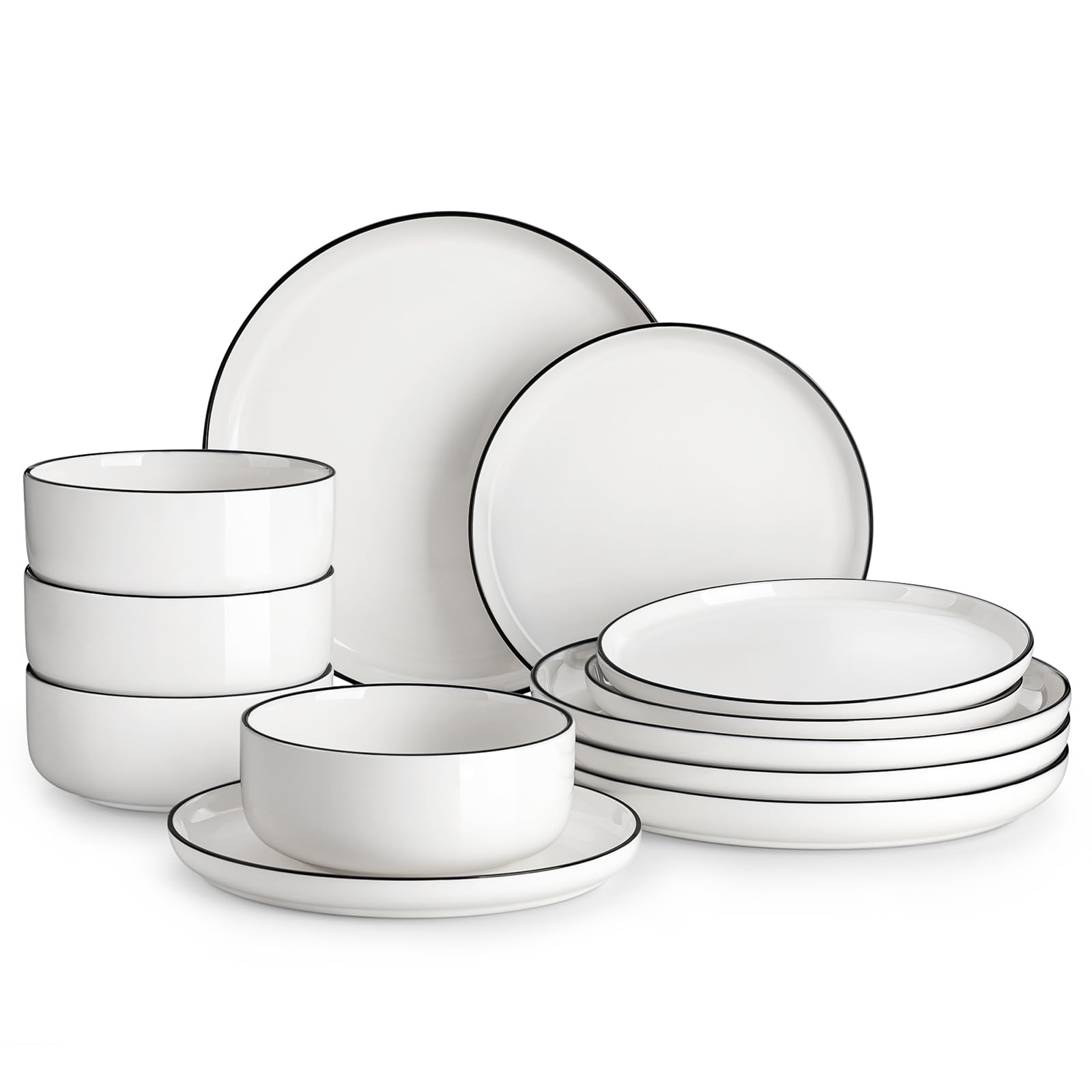 MALACASA Luna dinner plates in pristine white porcelain with a black rim, ideal for family dinners.