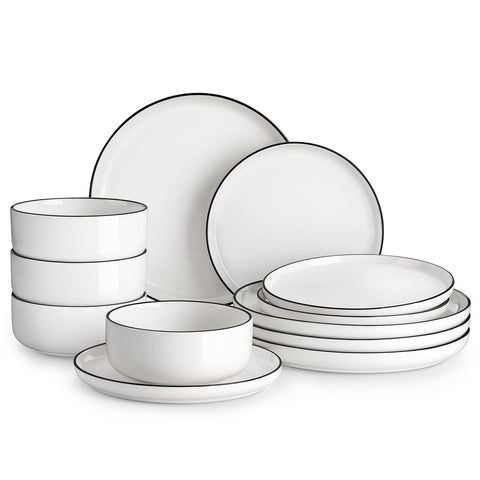 MALACASA Luna dinner plates in pristine white porcelain with a black rim, ideal for family dinners.