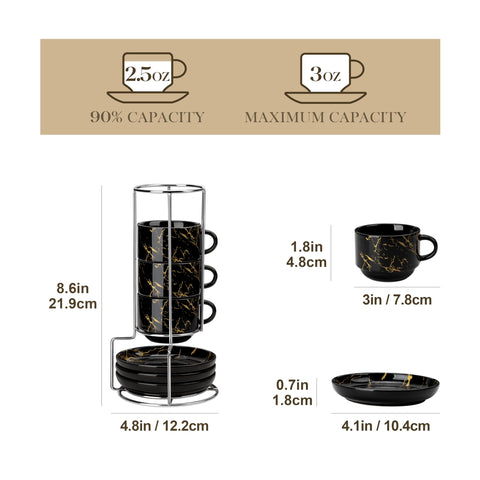 MALACASA marble black espresso cups close-up showing premium porcelain finish.