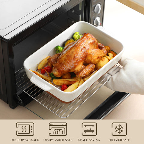 Oven-safe lasagna pan ready for baking and serving directly to guests.