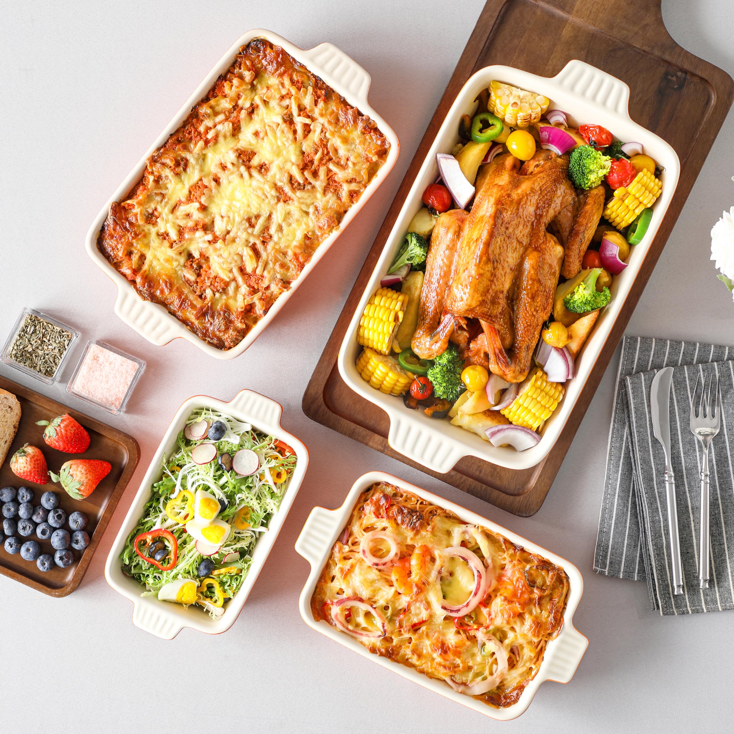 MALACASA porcelain bakeware with textured handles for easy lifting.