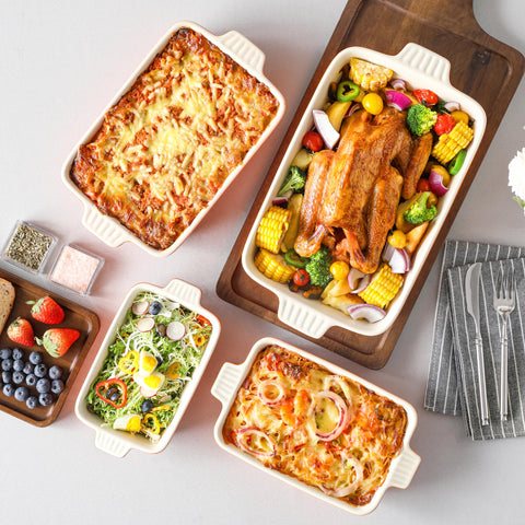 MALACASA porcelain bakeware with textured handles for easy lifting.