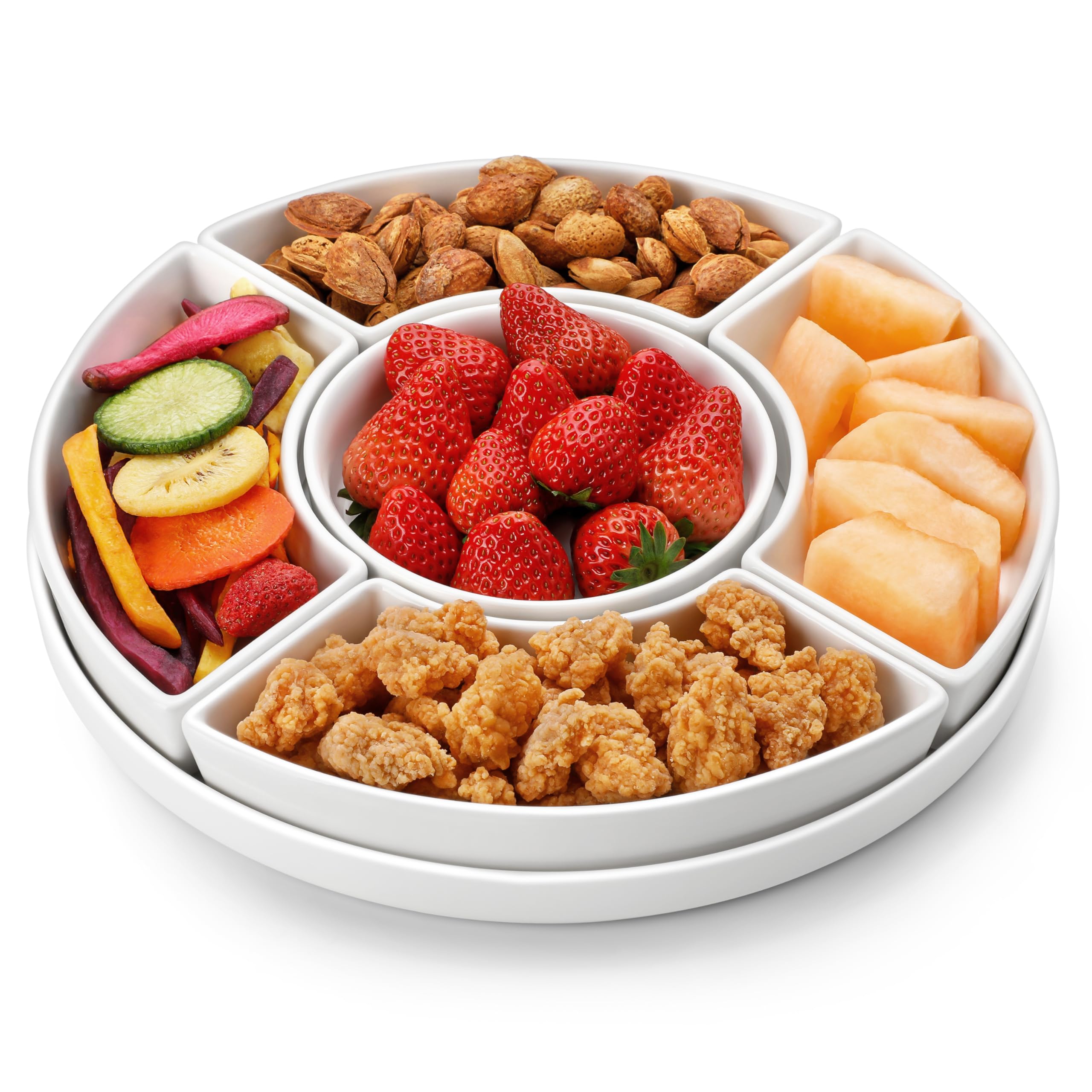 MALACASA porcelain divided platter with six sections keeps flavors separate.
