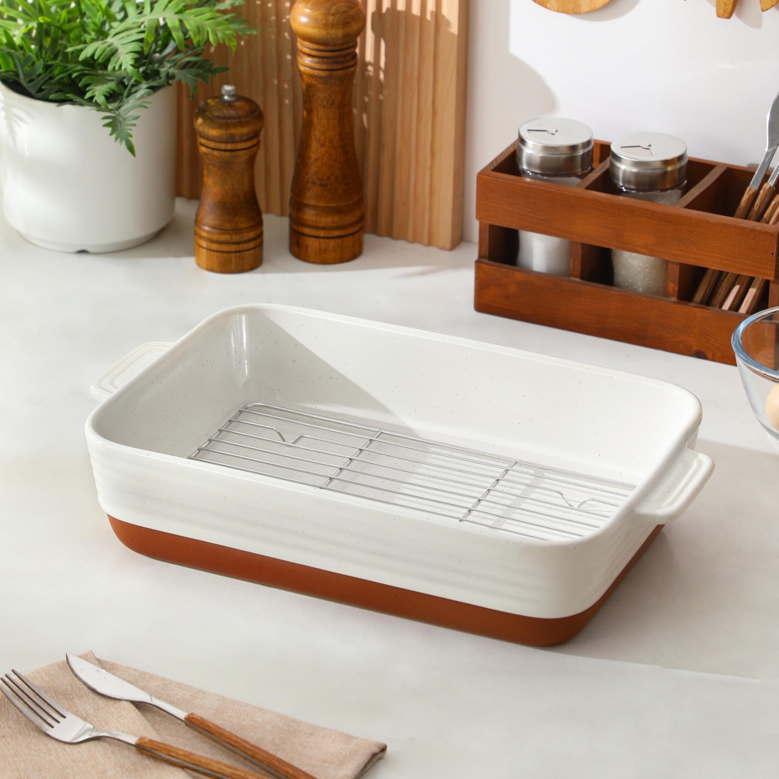 Elegant roasting pan that doubles as a serving dish for family meals.