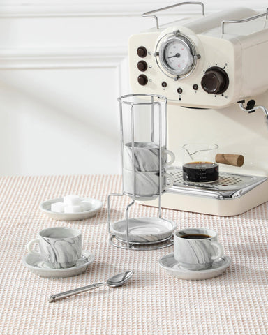 MALACASA silver metal stand elevates the set for convenient serving and display