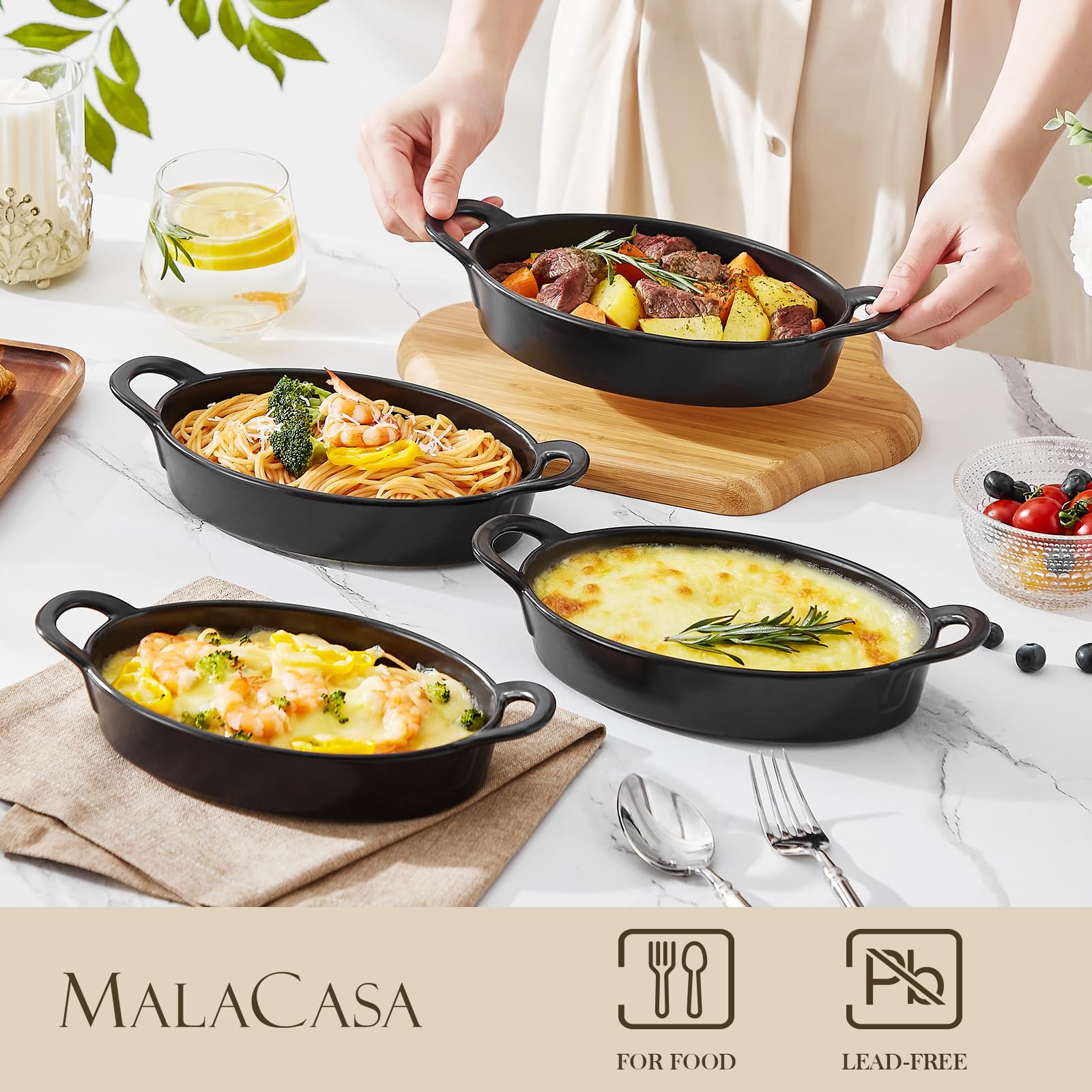 MALACASA double-handles design aids safe oven-to-table transport.
