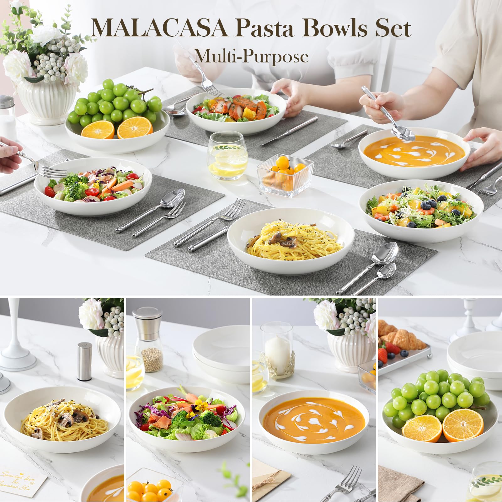 MALACASA stackable ceramic bowls save cabinet space.