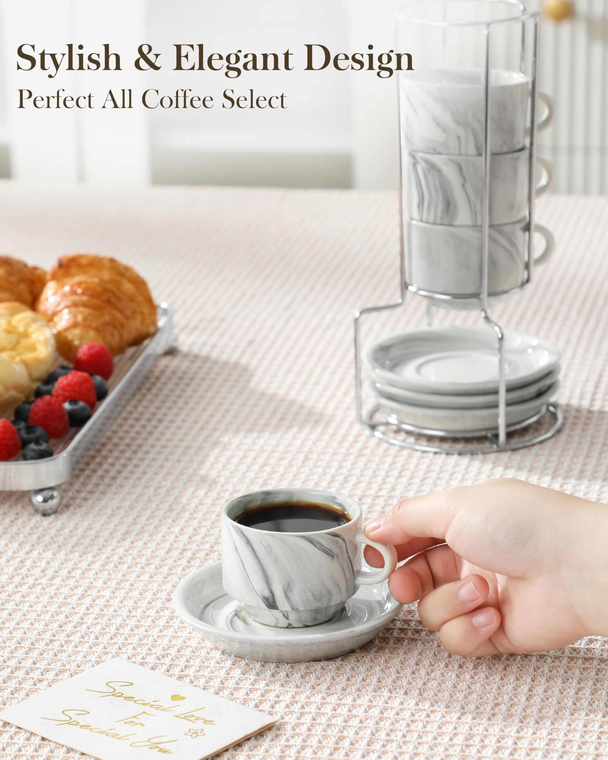 MALACASA stackable cups and saucers save counter space during busy mornings
