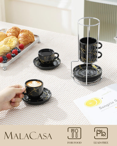 MALACASA stackable espresso cups save counter space in a modern kitchen.
