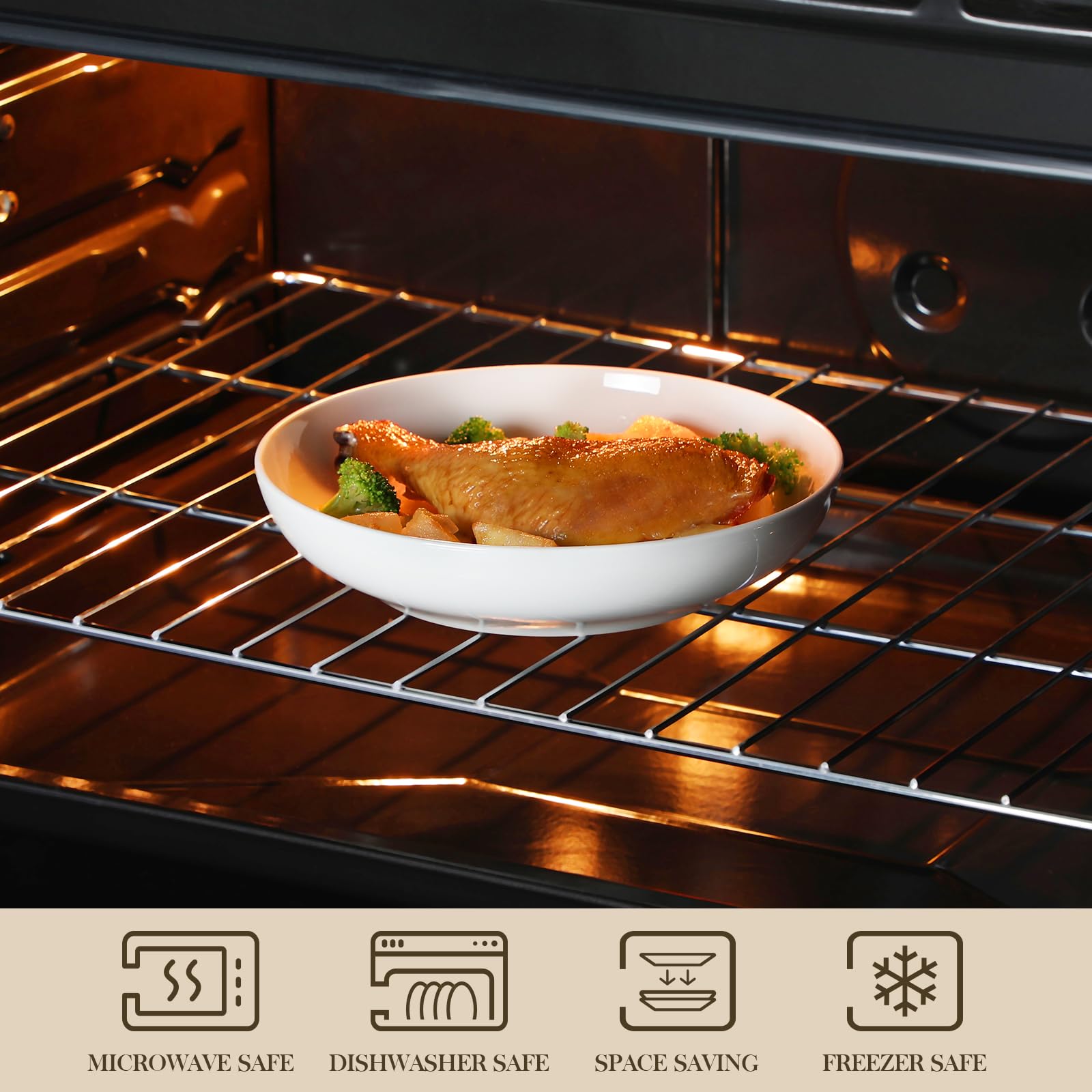 MALACASA stackable porcelain bowls save cabinet space and simplify storage.