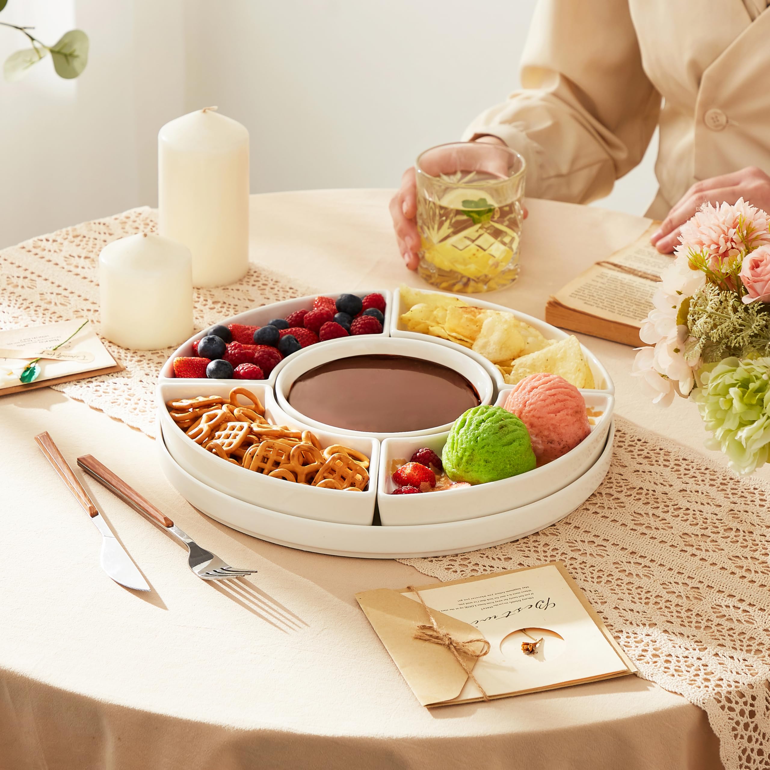 MALACASA stackable snack tray saves kitchen space when stored.