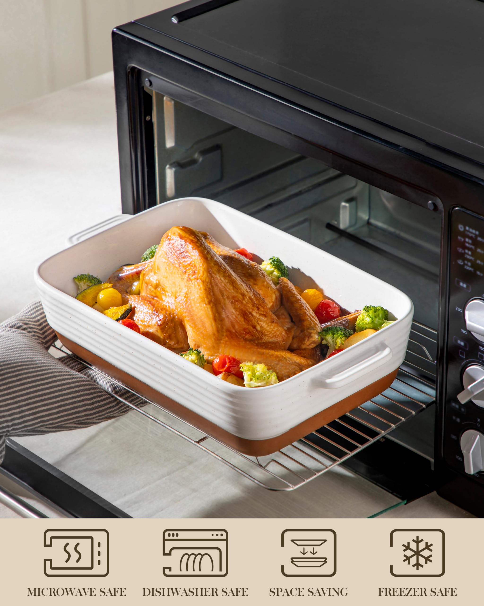 Durable lead-free ceramic safe in oven, microwave, fridge, and dishwasher.