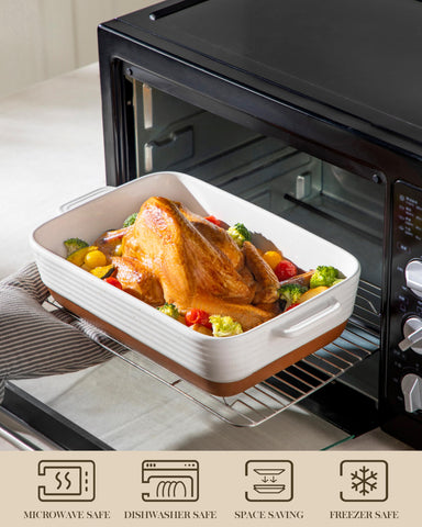 Durable lead-free ceramic safe in oven, microwave, fridge, and dishwasher.