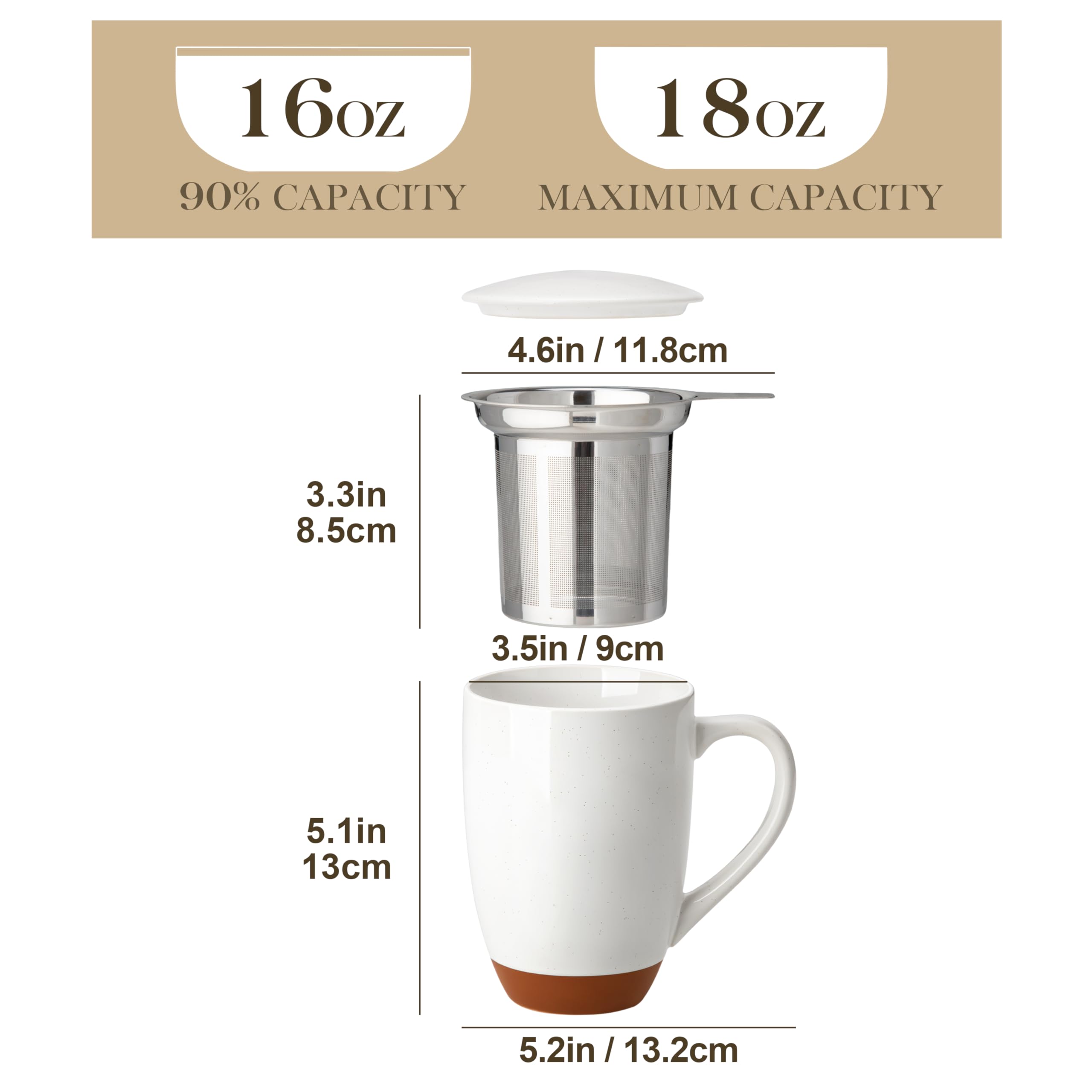 MALACASA mug close-up showing stainless steel infuser for loose leaf tea.