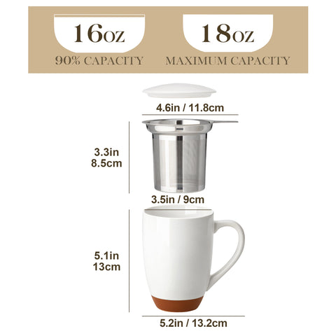 MALACASA mug close-up showing stainless steel infuser for loose leaf tea.