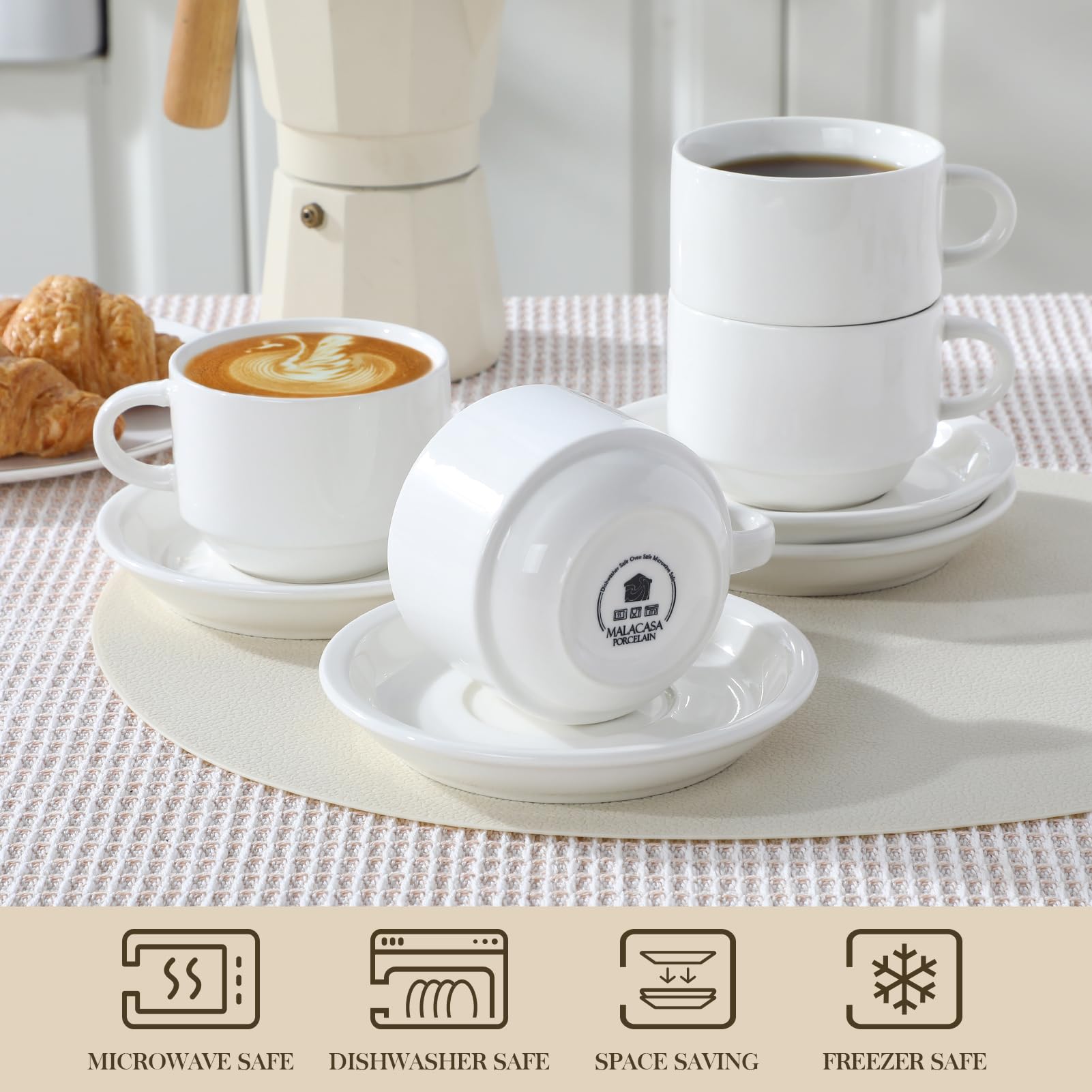 MALACASA white porcelain espresso cups show bright finish and clean lines