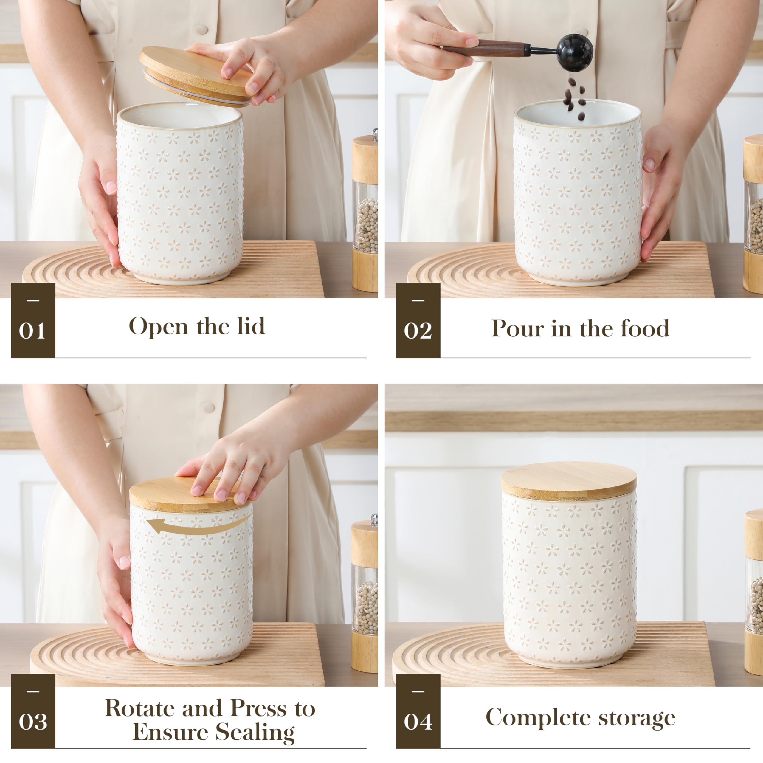 MALACASA wooden lid with seal ensures airtight freshness and easy pantry organization