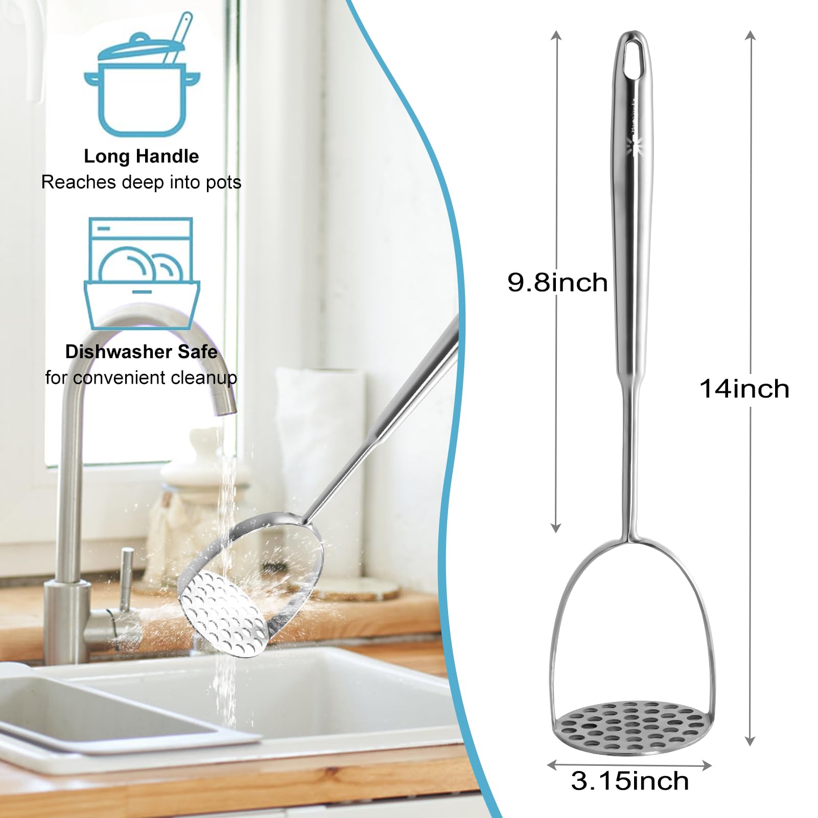 Mamajardin masher with large perforated head for fast potato prep.