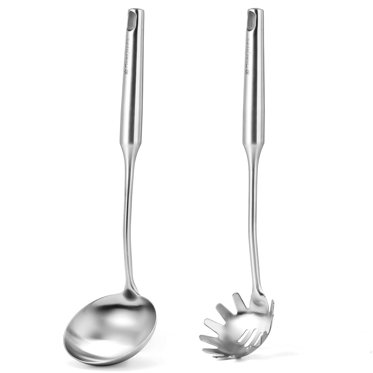Mamajardin stainless steel ladle and spaghetti set for durable soup and pasta serving.
